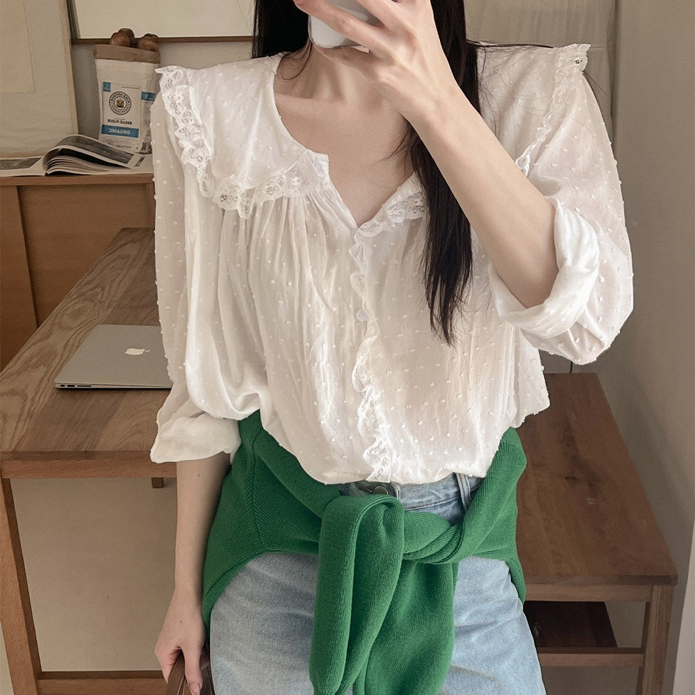 【F032284】韓國温柔浪漫蕾絲點點長袖雪紡衫250311