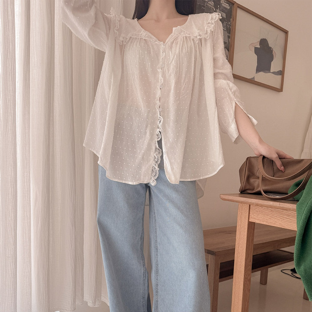 【F032284】韓國温柔浪漫蕾絲點點長袖雪紡衫250311