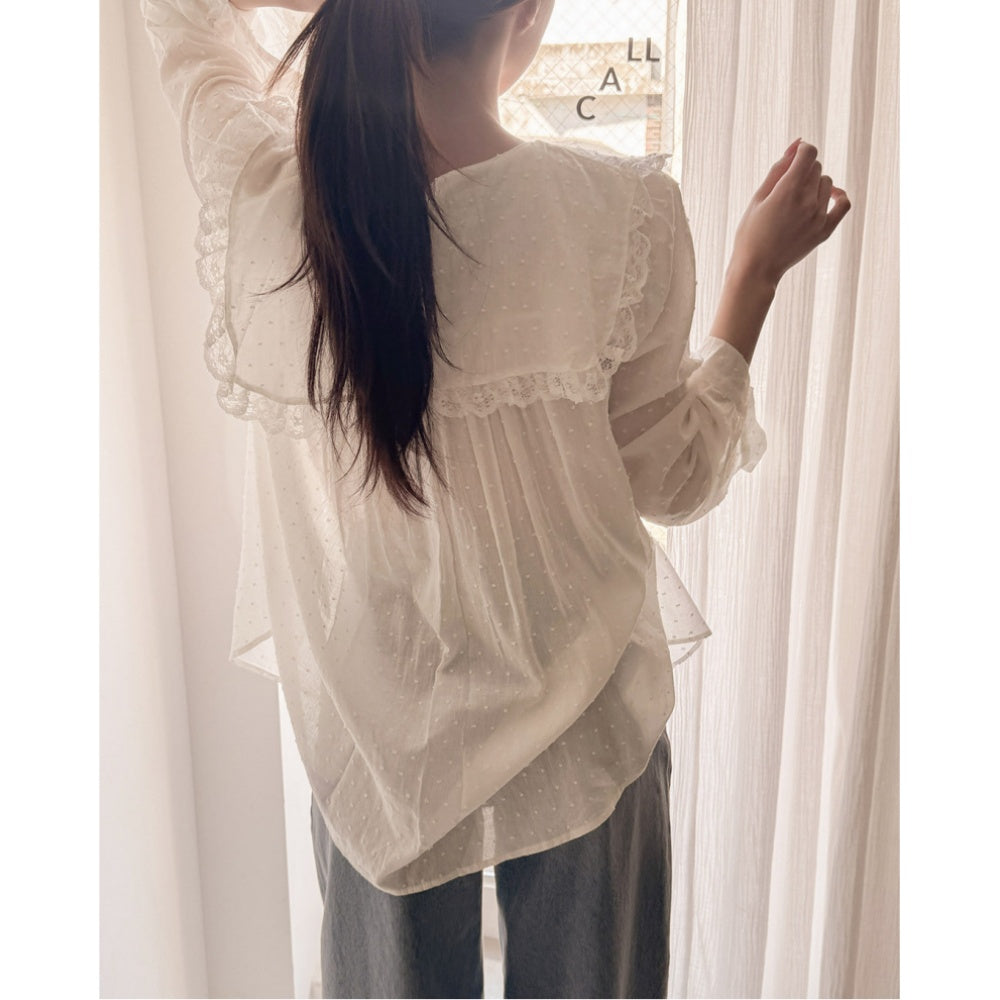 【F032284】韓國温柔浪漫蕾絲點點長袖雪紡衫250311