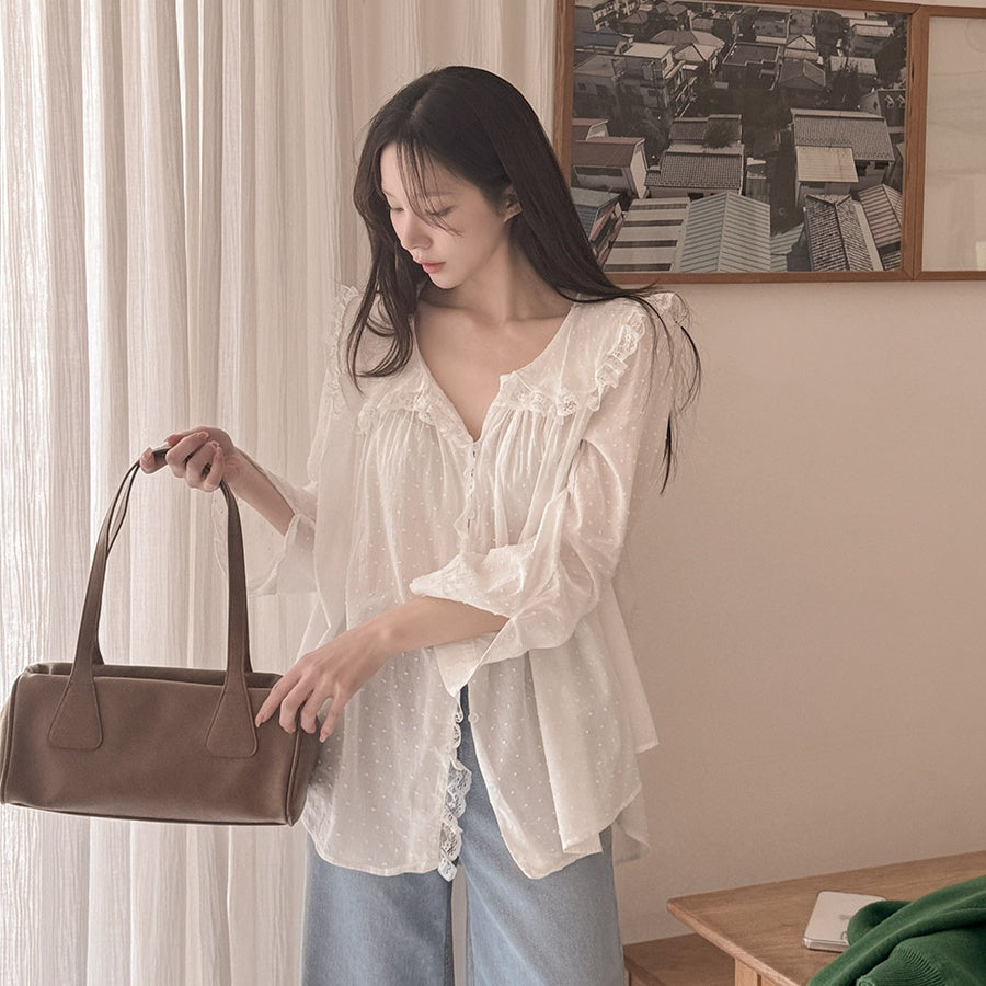 【F032284】韓國温柔浪漫蕾絲點點長袖雪紡衫250311