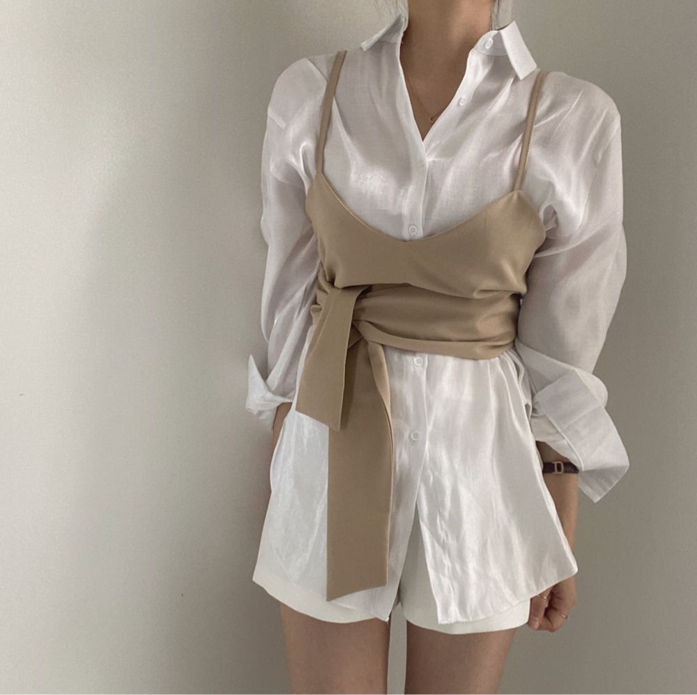 【F034285】春夏法式吊帶衫+簡約寬鬆長袖襯衫250325