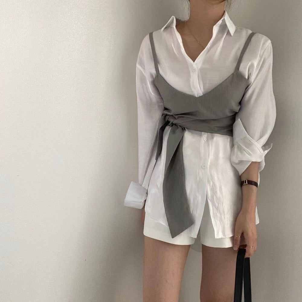 【F034285】春夏法式吊帶衫+簡約寬鬆長袖襯衫250325