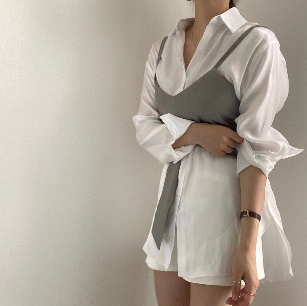 【F034285】春夏法式吊帶衫+簡約寬鬆長袖襯衫250325