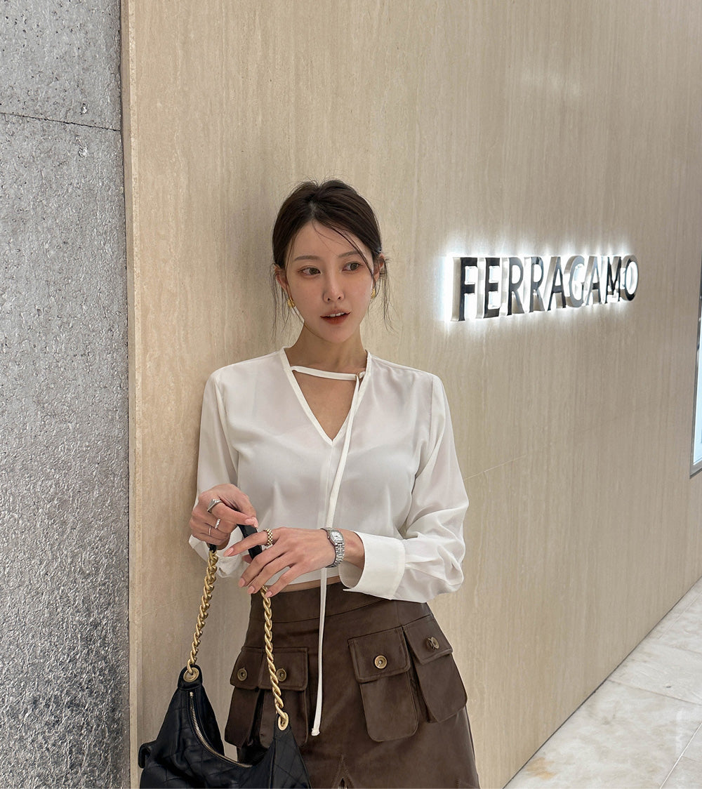 【F032274】韓國設計款輕熟時尚收腰雪紡襯衫250311