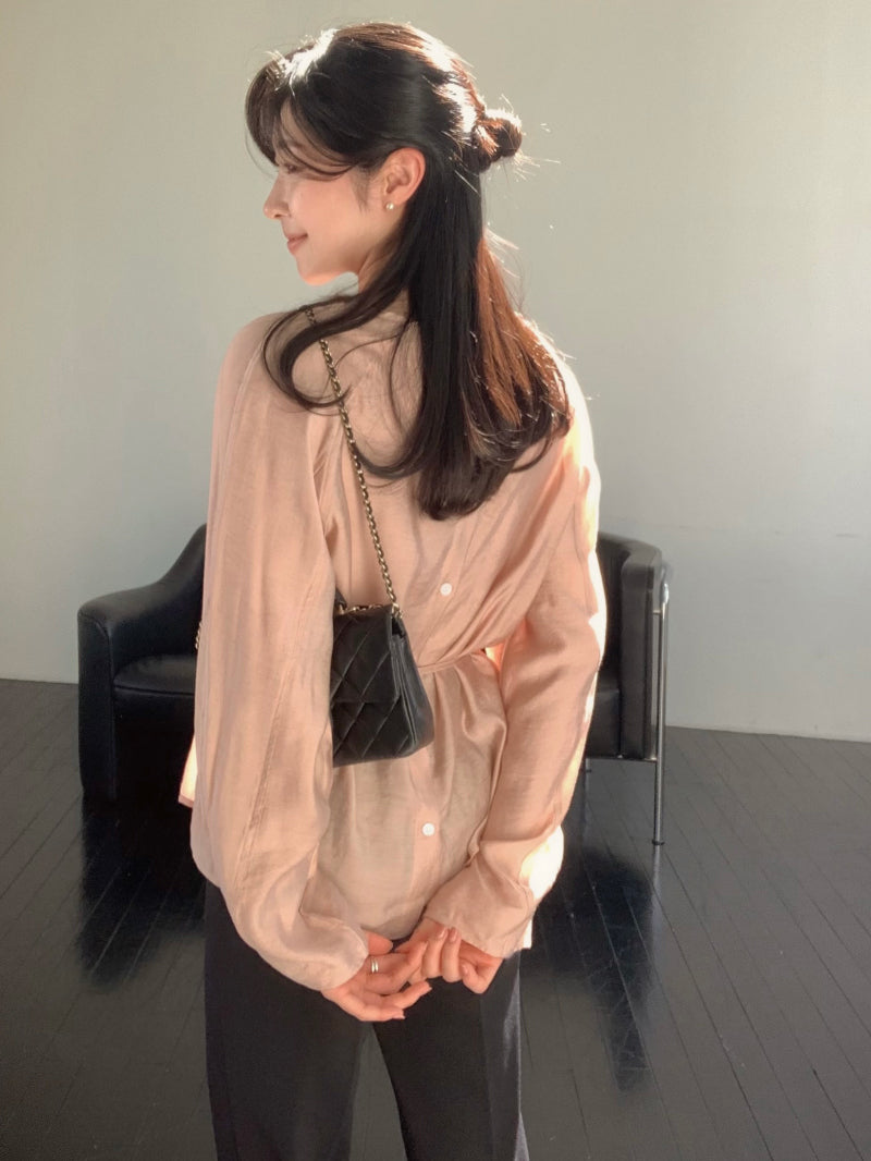【F032275】韓國簡約寬鬆一字領繫帶長袖雪紡襯衫250311