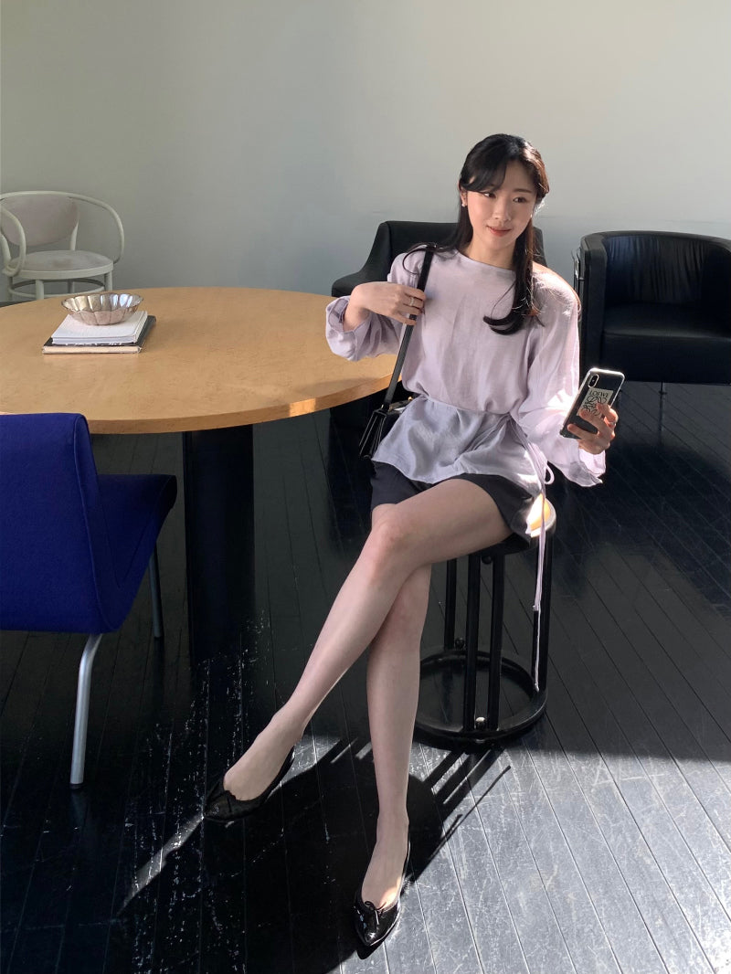 【F032275】韓國簡約寬鬆一字領繫帶長袖雪紡襯衫250311