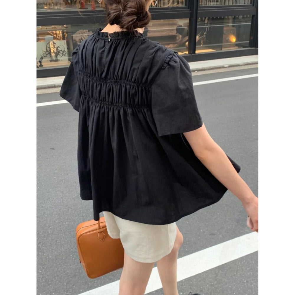 【F032289】韓國東大門夏季甜美立領褶皺娃娃襯衫250311