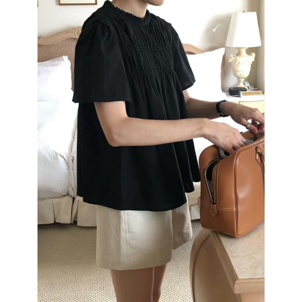 【F032289】韓國東大門夏季甜美立領褶皺娃娃襯衫250311