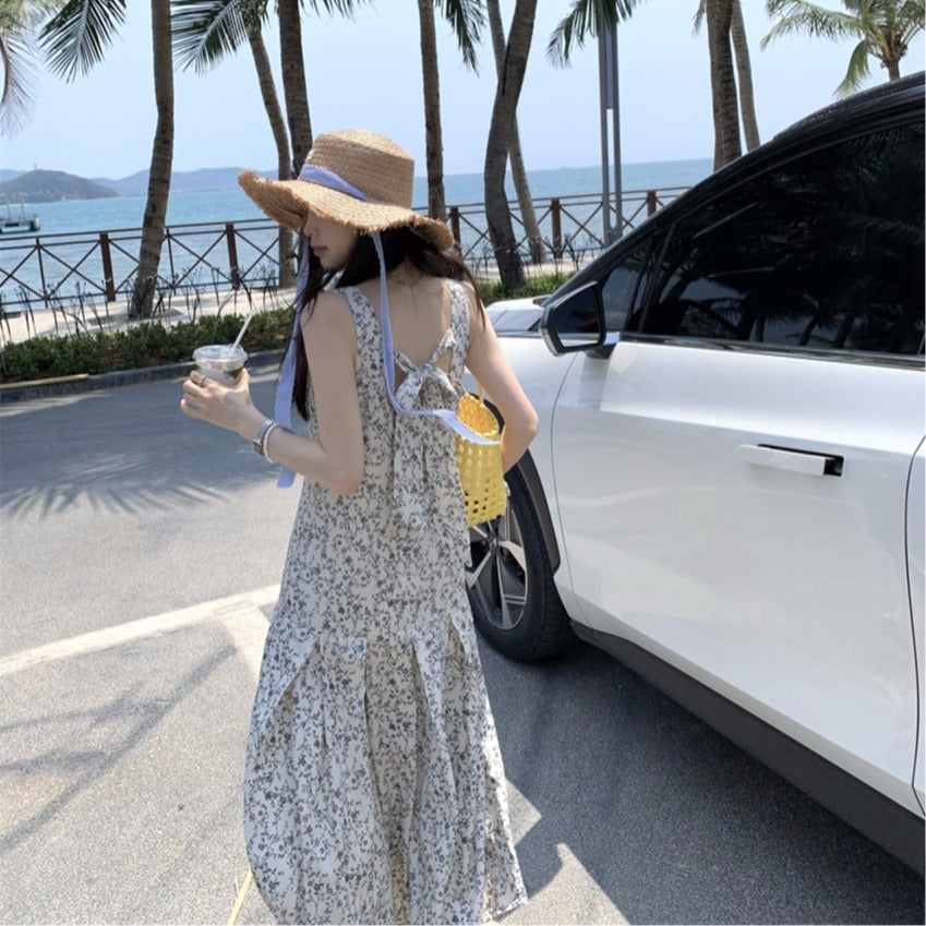 【F034270】實拍韓系復古小方領碎花繫帶魚尾洋裝250325