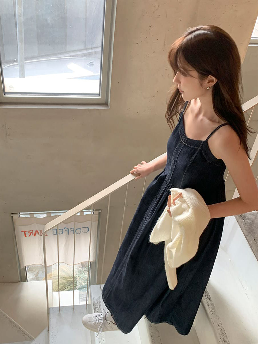【F032276】韓國夏季簡約牛仔吊帶長洋裝(後鬆緊打覽)250311