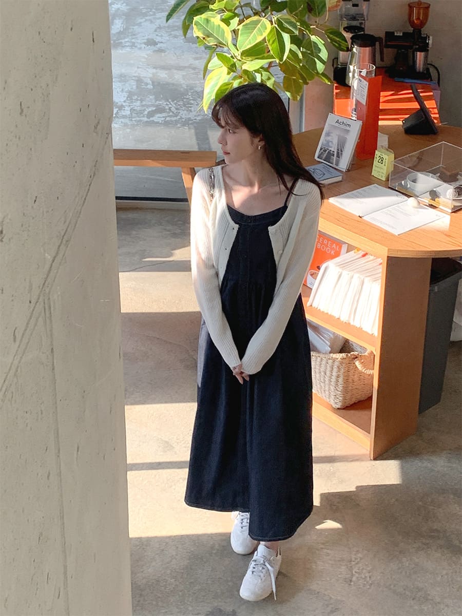 【F032276】韓國夏季簡約牛仔吊帶長洋裝(後鬆緊打覽)250311