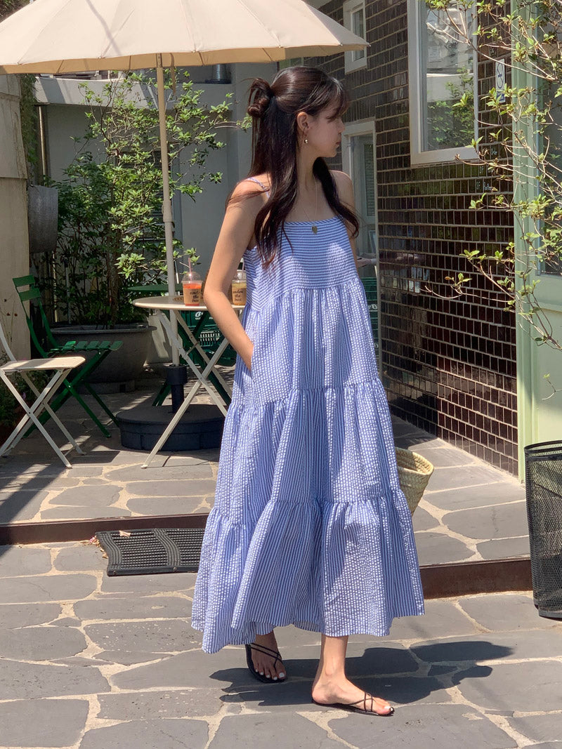 【F032264】韓國夏季度假寬鬆吊帶條紋洋裝250311