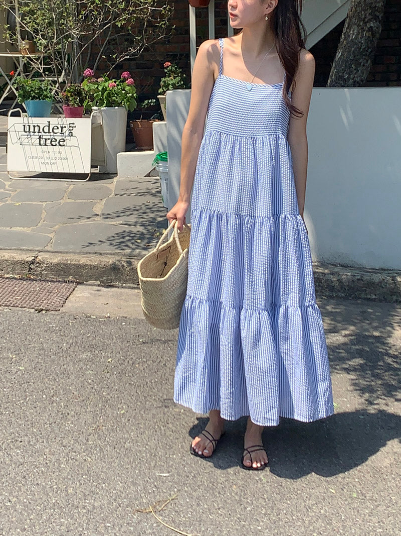 【F032264】韓國夏季度假寬鬆吊帶條紋洋裝250311