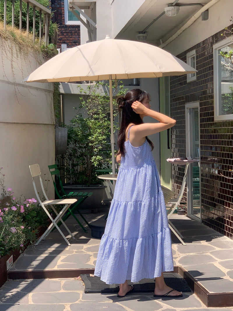 【F032264】韓國夏季度假寬鬆吊帶條紋洋裝250311