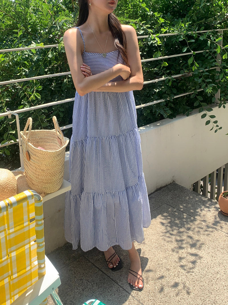 【F032264】韓國夏季度假寬鬆吊帶條紋洋裝250311