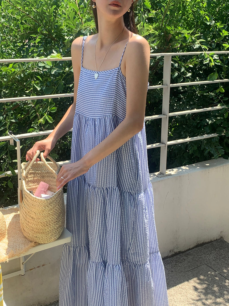 【F032264】韓國夏季度假寬鬆吊帶條紋洋裝250311