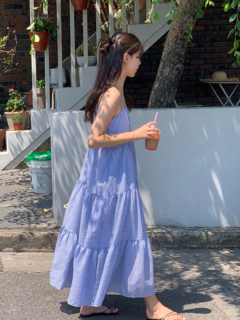 【F032264】韓國夏季度假寬鬆吊帶條紋洋裝250311