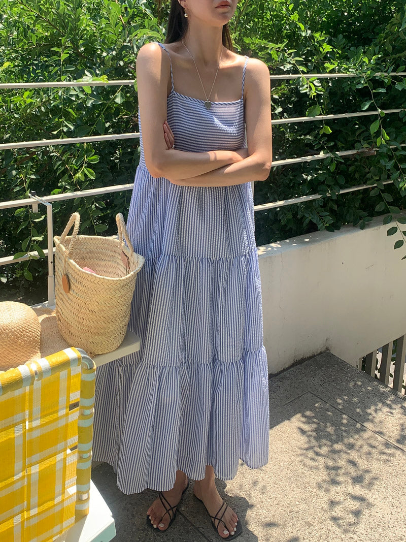 【F032264】韓國夏季度假寬鬆吊帶條紋洋裝250311