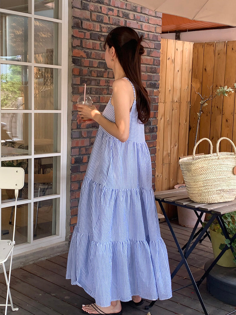 【F032264】韓國夏季度假寬鬆吊帶條紋洋裝250311