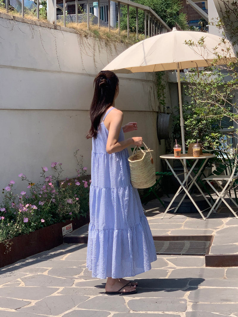 【F032264】韓國夏季度假寬鬆吊帶條紋洋裝250311