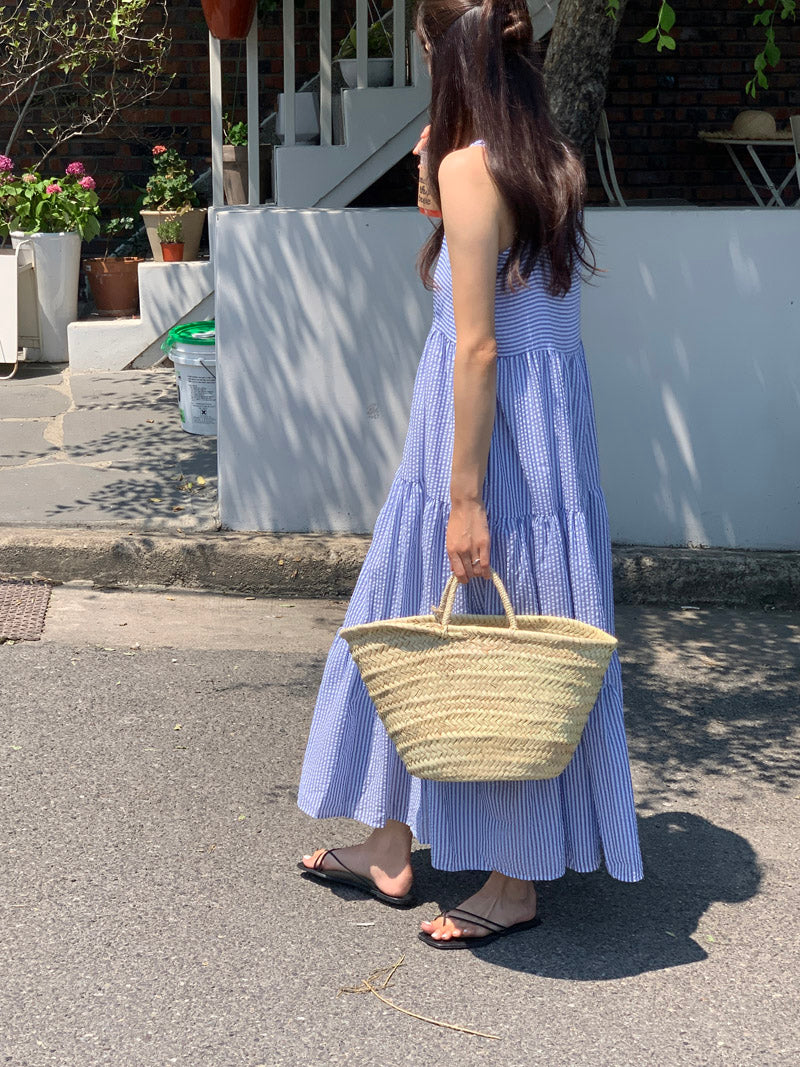 【F032264】韓國夏季度假寬鬆吊帶條紋洋裝250311