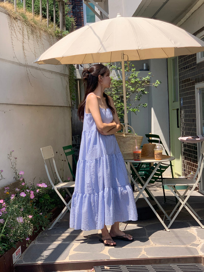【F032264】韓國夏季度假寬鬆吊帶條紋洋裝250311