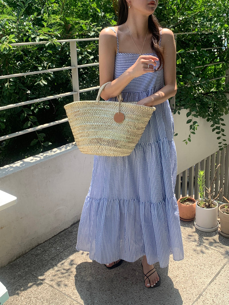 【F032264】韓國夏季度假寬鬆吊帶條紋洋裝250311