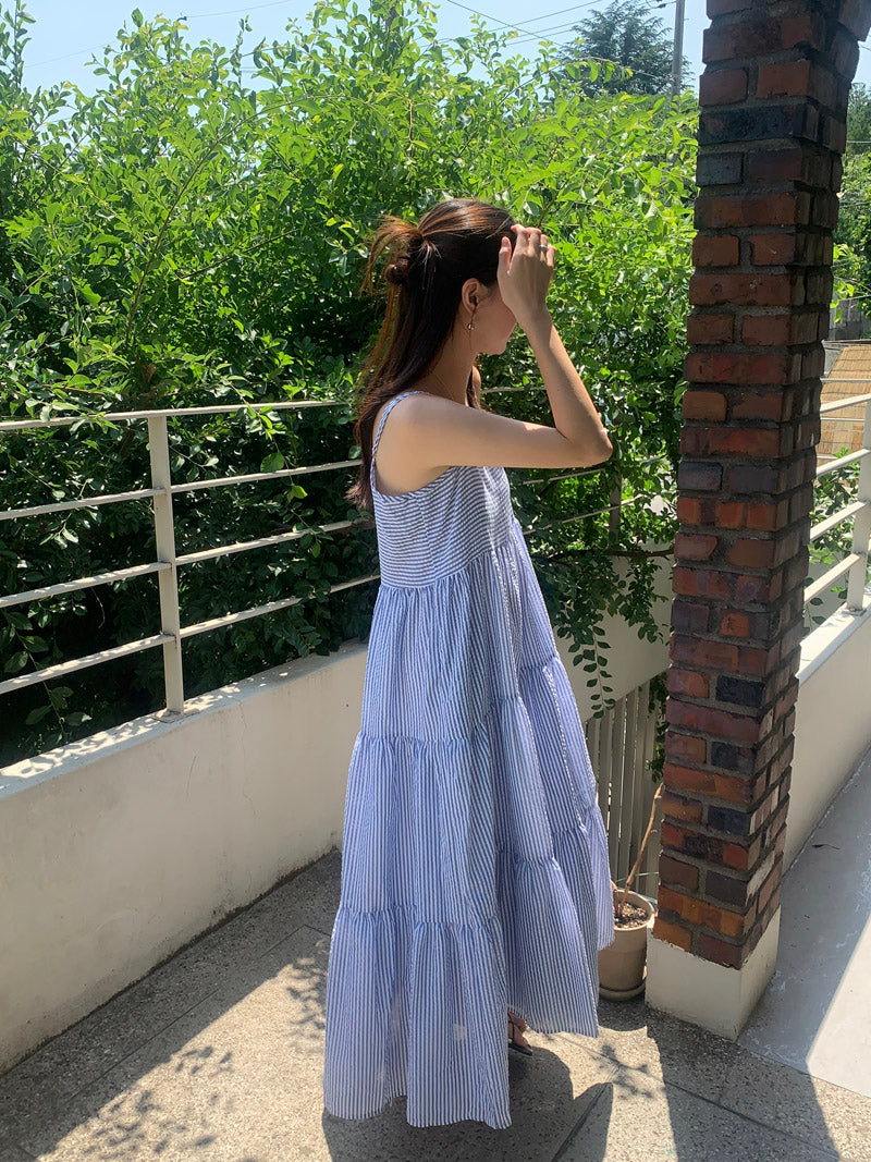 【F032264】韓國夏季度假寬鬆吊帶條紋洋裝250311