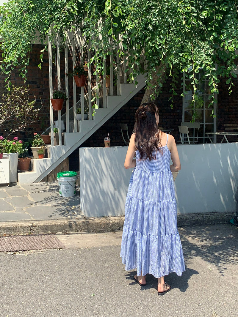 【F032264】韓國夏季度假寬鬆吊帶條紋洋裝250311