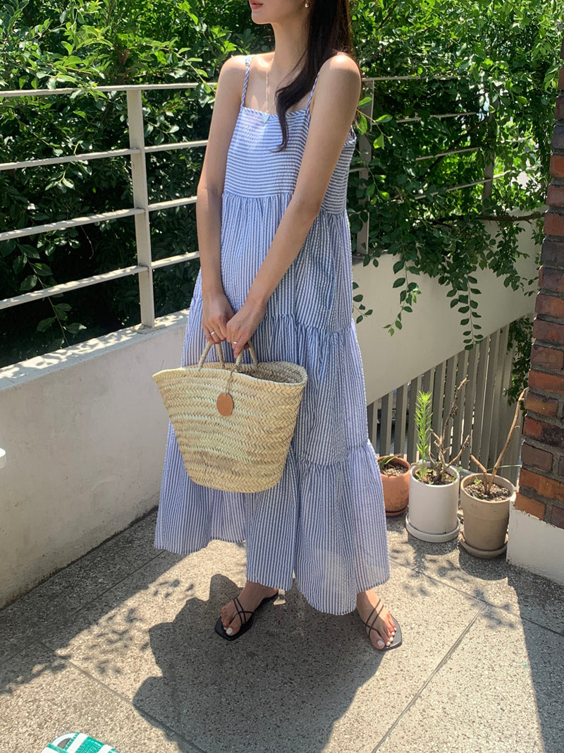 【F032264】韓國夏季度假寬鬆吊帶條紋洋裝250311