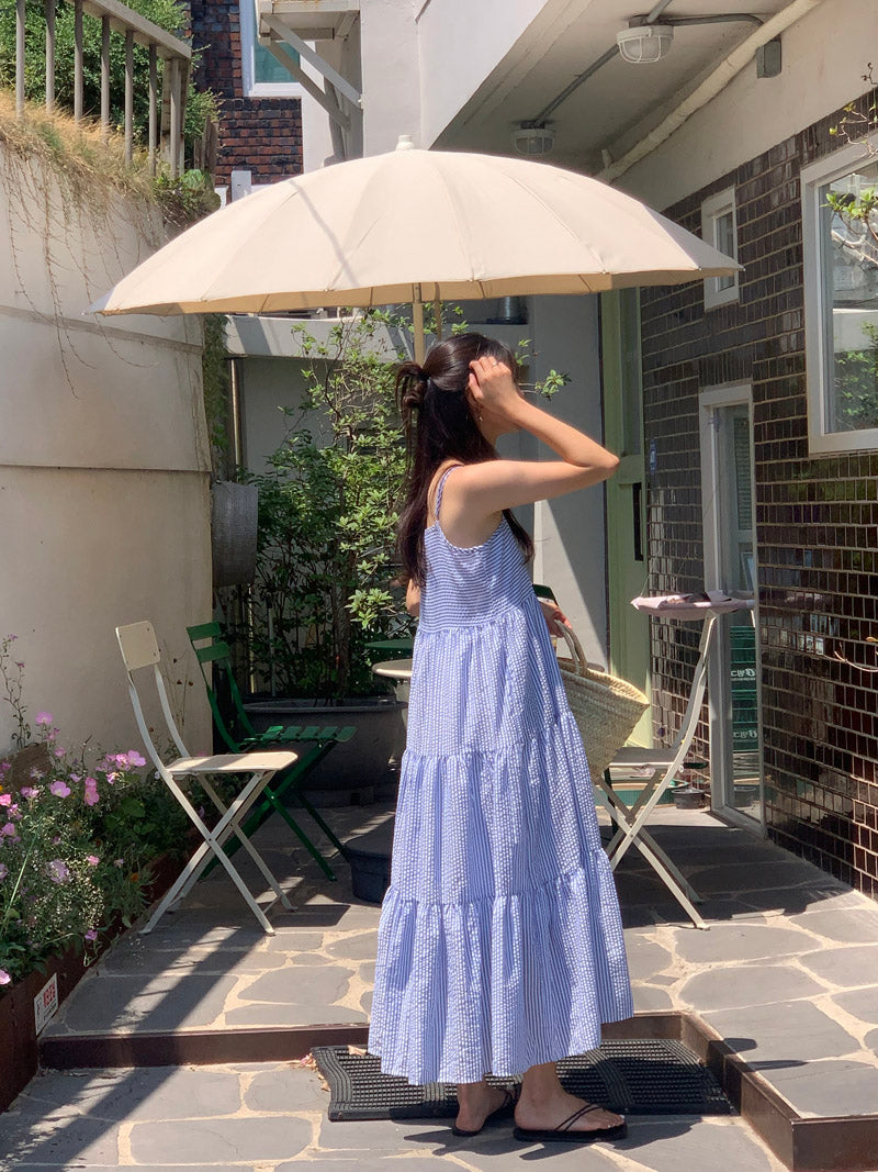 【F032264】韓國夏季度假寬鬆吊帶條紋洋裝250311