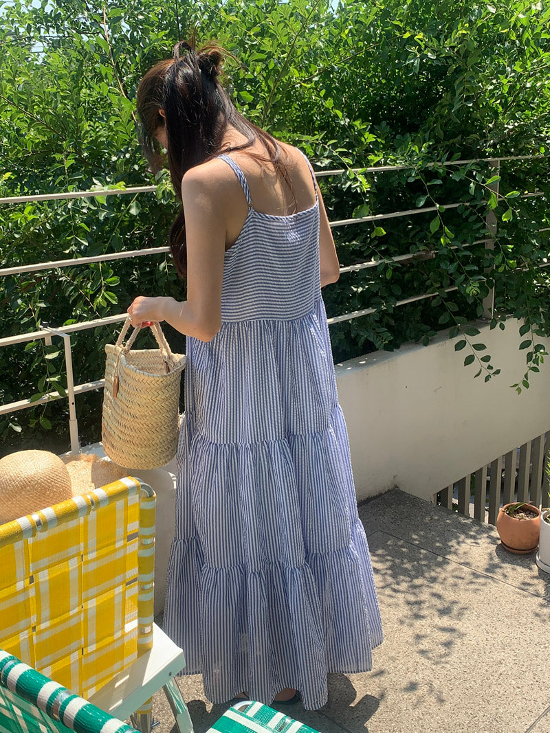 【F032264】韓國夏季度假寬鬆吊帶條紋洋裝250311