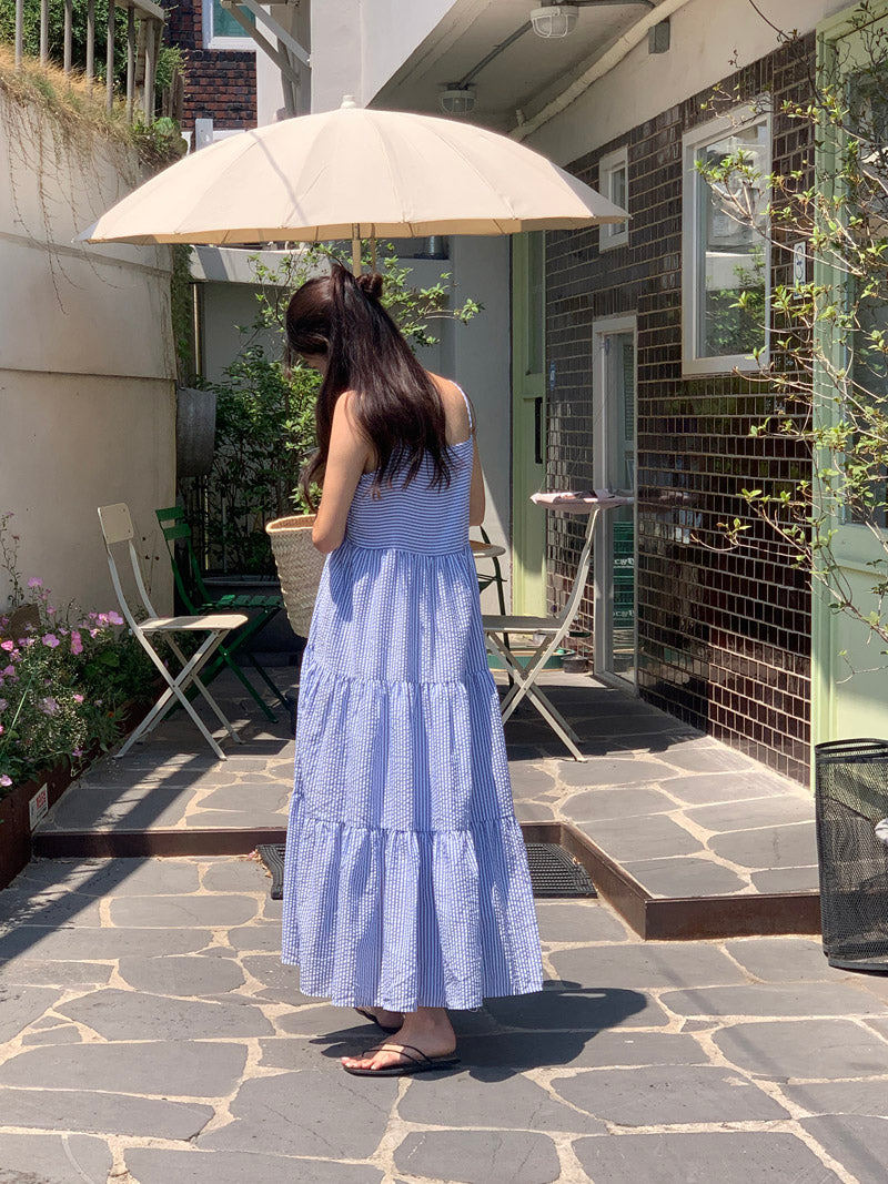 【F032264】韓國夏季度假寬鬆吊帶條紋洋裝250311