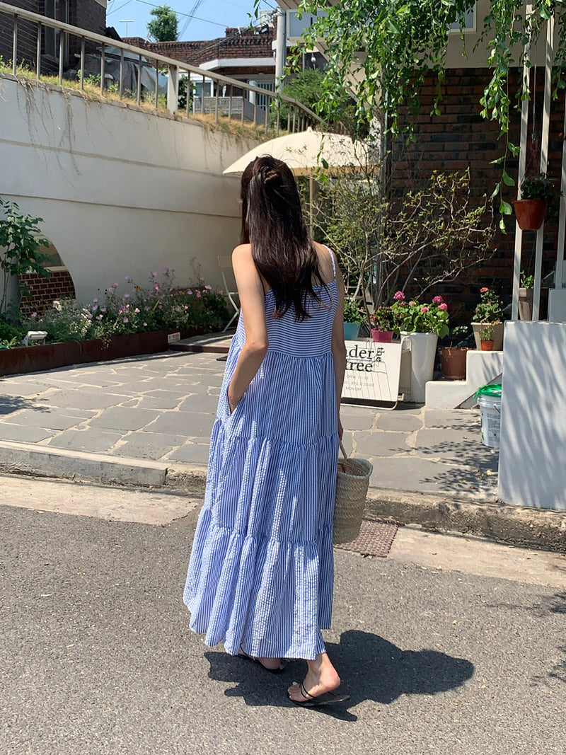 【F032264】韓國夏季度假寬鬆吊帶條紋洋裝250311