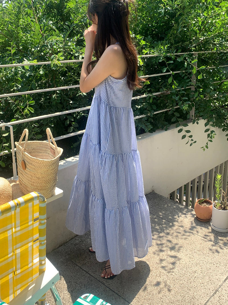【F032264】韓國夏季度假寬鬆吊帶條紋洋裝250311