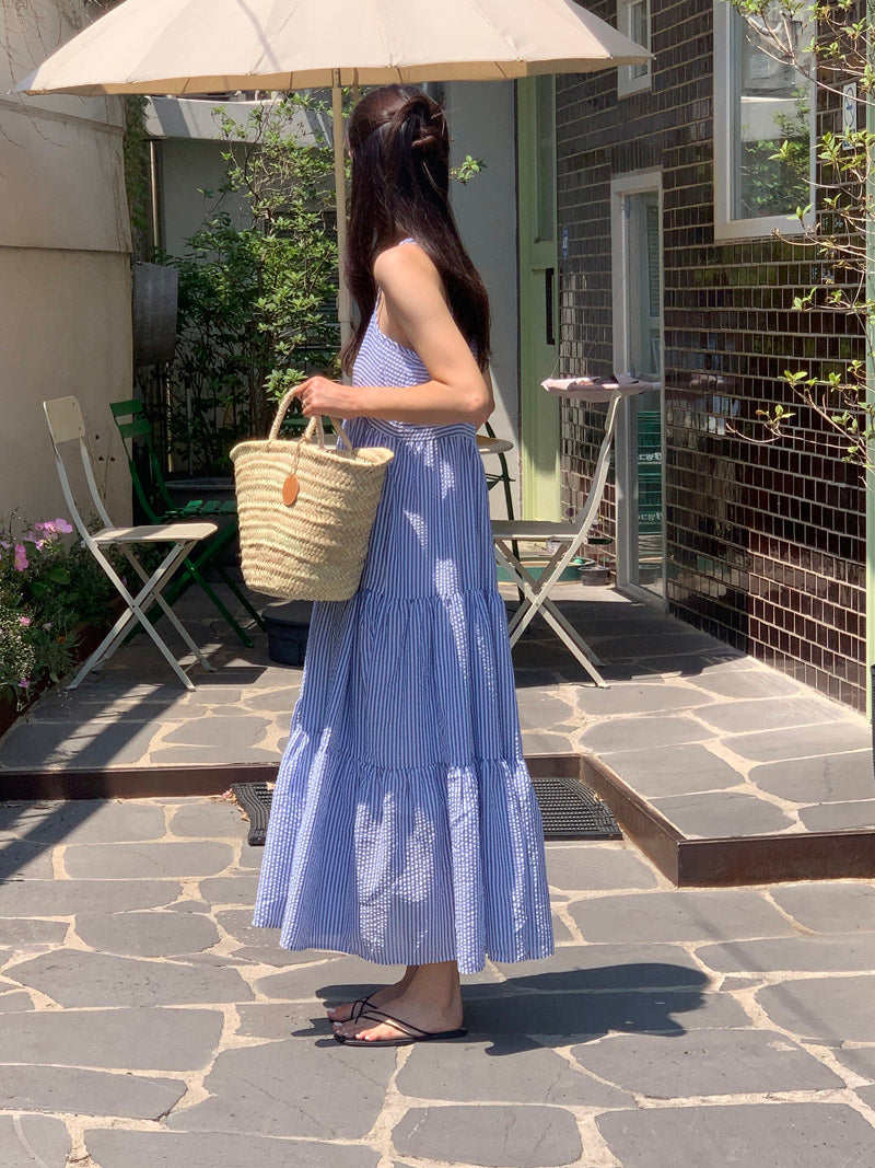 【F032264】韓國夏季度假寬鬆吊帶條紋洋裝250311