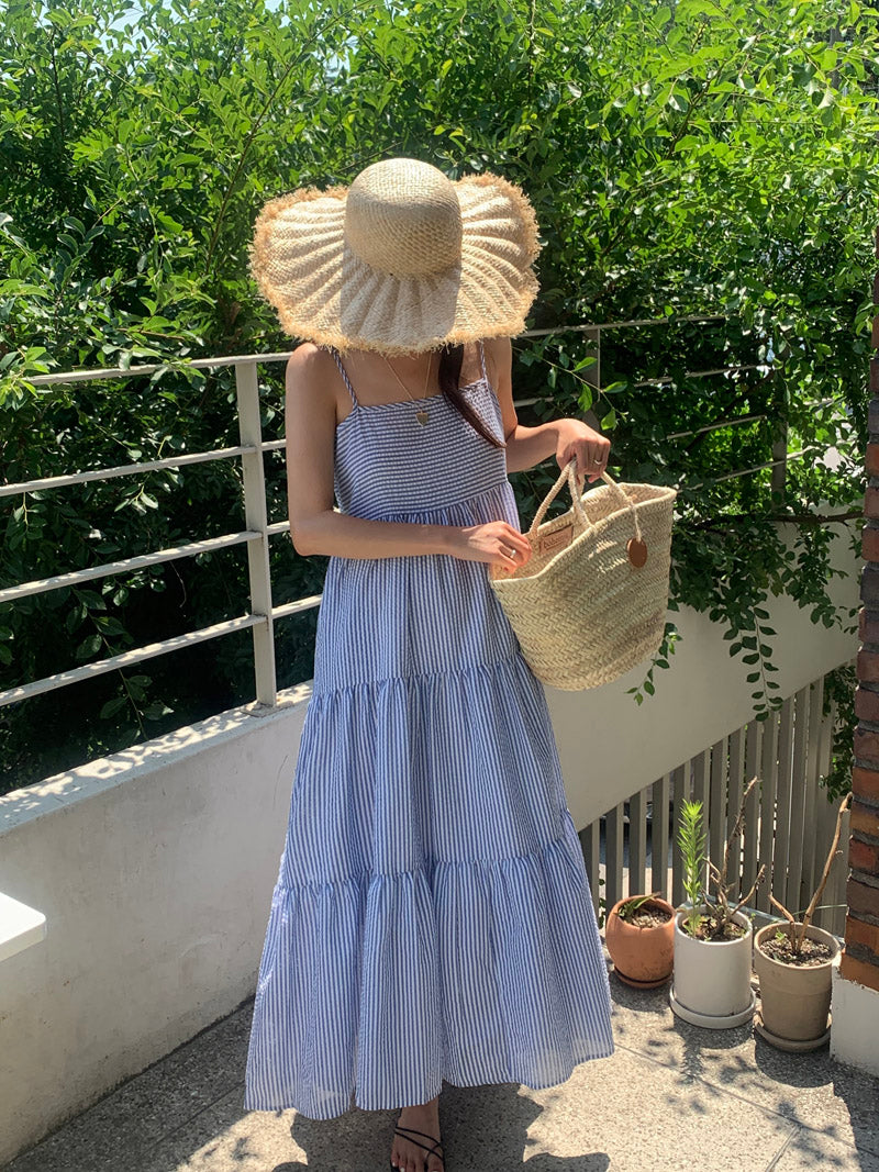 【F032264】韓國夏季度假寬鬆吊帶條紋洋裝250311
