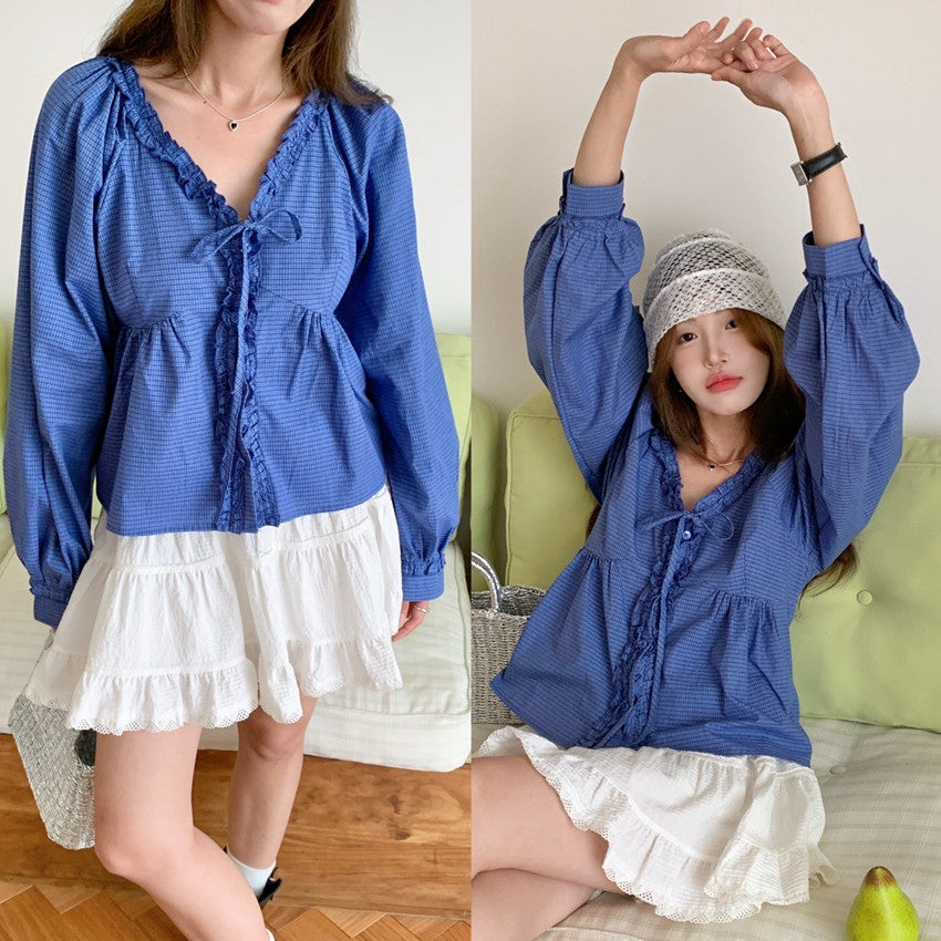 【F034292】實拍夏季清新荷葉繫帶長袖袖襯衫250325