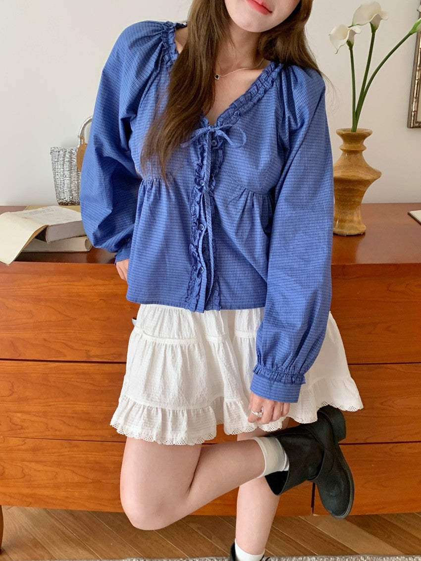 【F034292】實拍夏季清新荷葉繫帶長袖袖襯衫250325