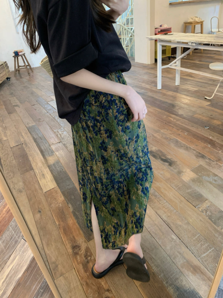 【F60348】實拍法式氣質顯瘦褶皺綠色後開叉長裙250408