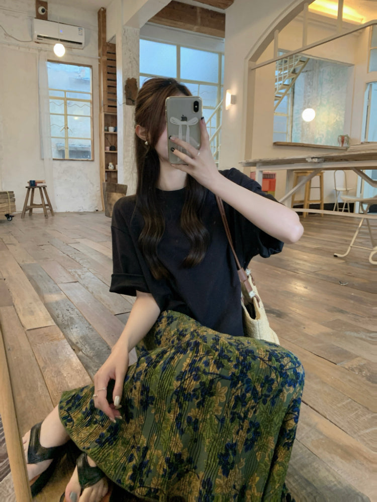 【F60348】實拍法式氣質顯瘦褶皺綠色後開叉長裙250408