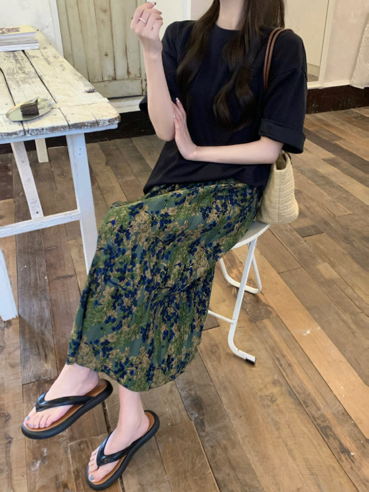 【F60348】實拍法式氣質顯瘦褶皺綠色後開叉長裙250408