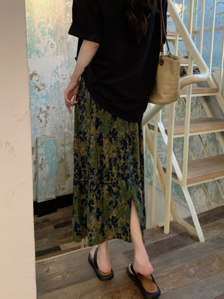 【F60348】實拍法式氣質顯瘦褶皺綠色後開叉長裙250408
