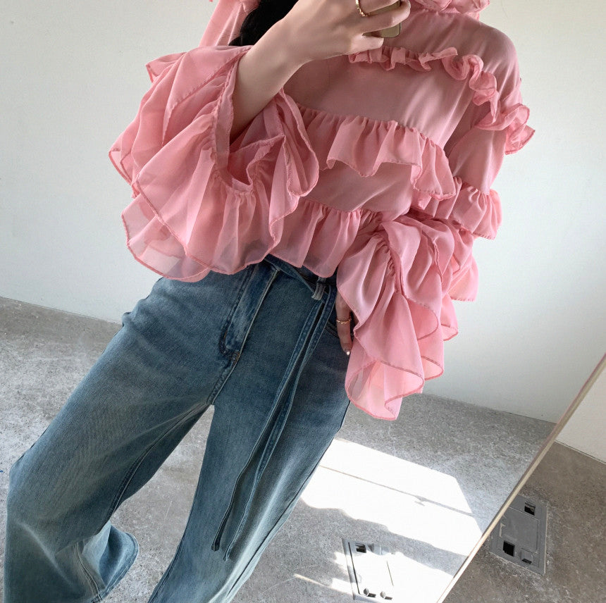 【F60350】韓國春夏輕熟浪漫大荷葉設計款立領襯衫250408