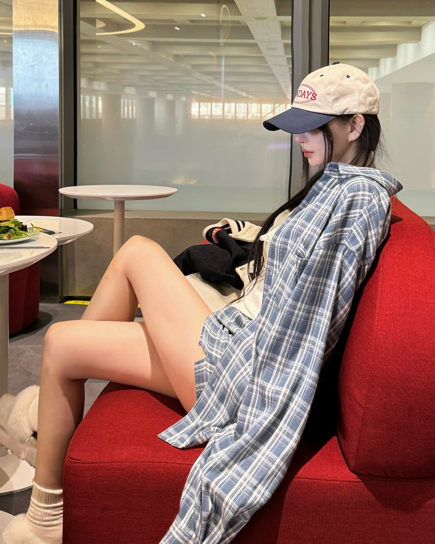 【F60298】韓國慵懶風氣質寬鬆格子襯衫+短褲 套裝250401