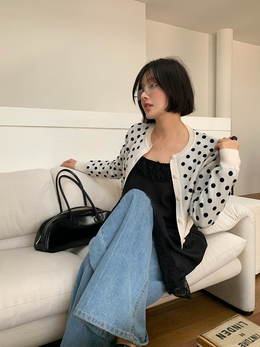【F60306】Miu系女孩點點短版針織開衫250401