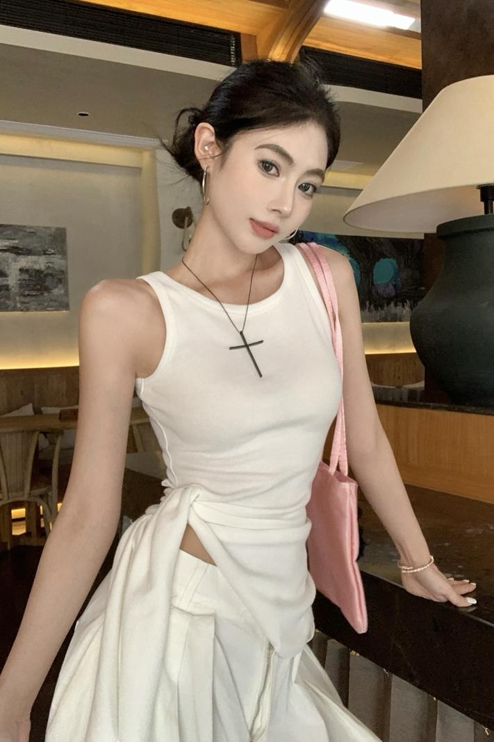 【F60435】實拍夏季時髦辣妹舒適不規則收腰綁帶背心250609