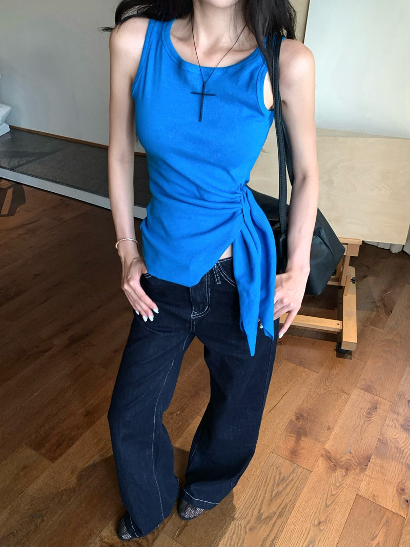【F60435】實拍夏季時髦辣妹舒適不規則收腰綁帶背心250609