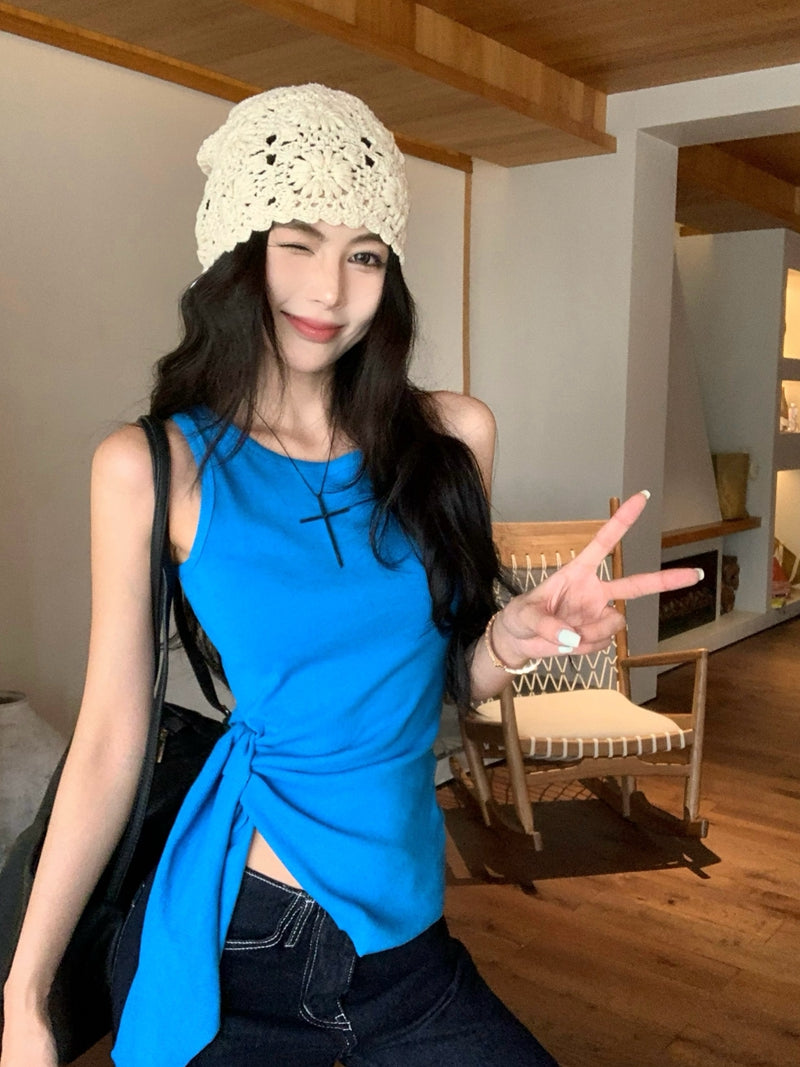 【F60435】實拍夏季時髦辣妹舒適不規則收腰綁帶背心250609