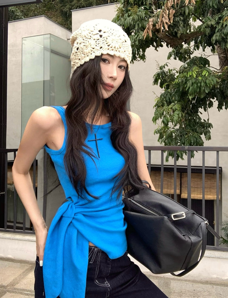 【F60435】實拍夏季時髦辣妹舒適不規則收腰綁帶背心250609